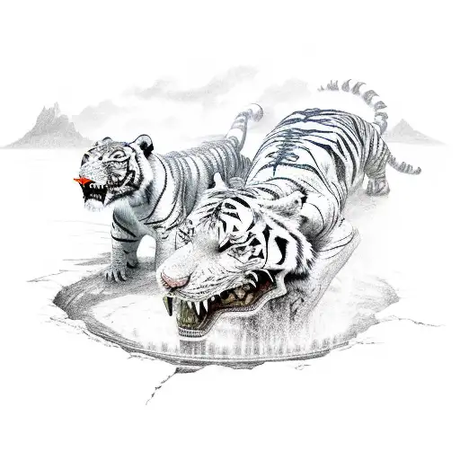 An Albino Tiger And Crocodile Facing Off In A Space-themed Setting