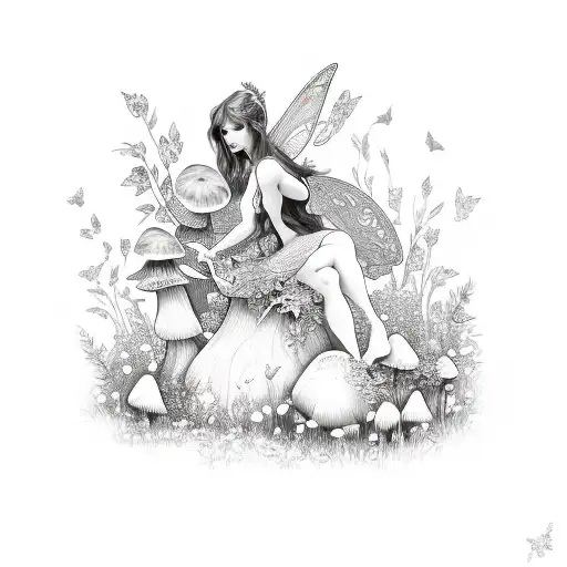 Sexy Adult Fairy Woman Sitting On A Mushroom Surrounded By Butterflies