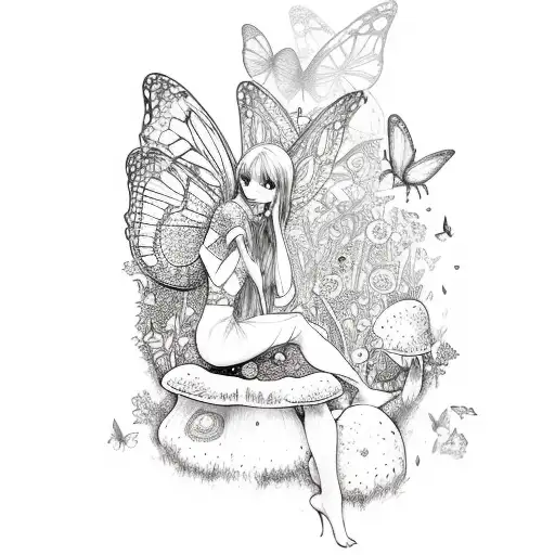 Adult Fairy Girl Sitting On A Mushroom Surrounded By Butterflies