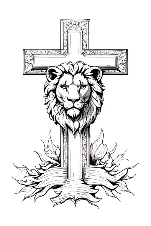 Lion Head At The Back Of A Christian Cross