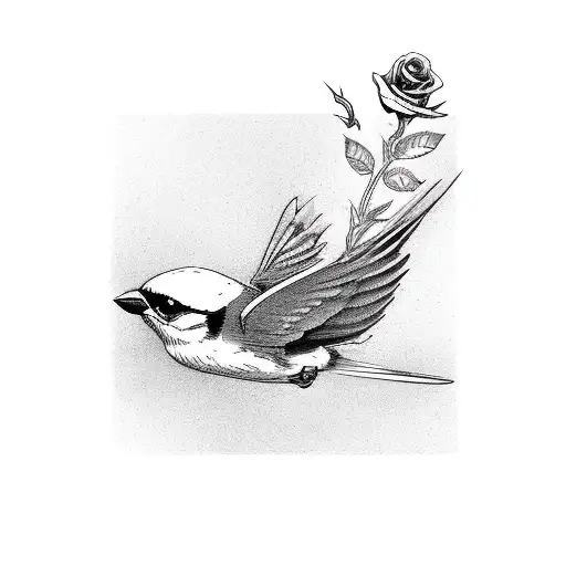 Flying Sparrow With Rose