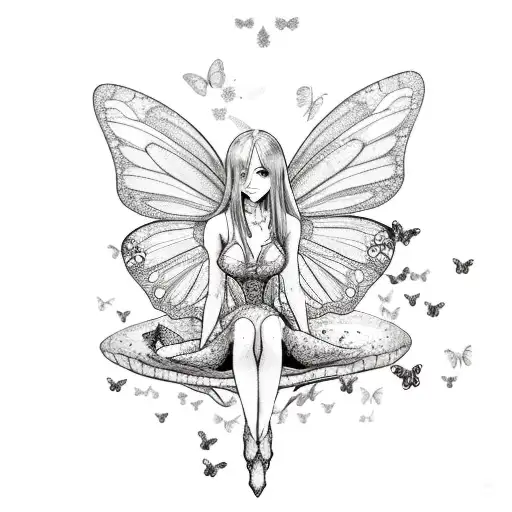 Sexy Adult Fairy Woman Sitting On A Mushroom Surrounded By Butterflies