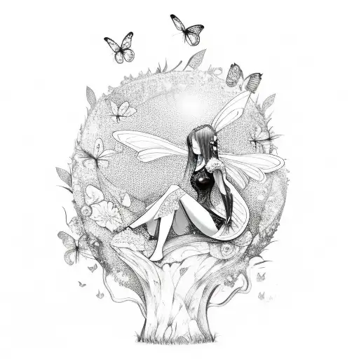 Adult Fairy Girl Sitting On A Mushroom Surrounded By Butterflies