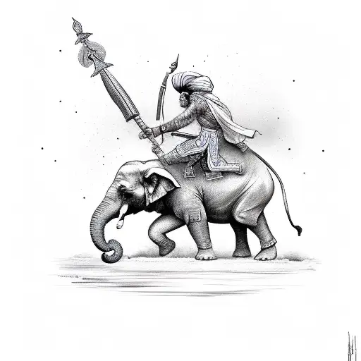 Sikh Warrior Jump Attacking An Elephant Using His Spear