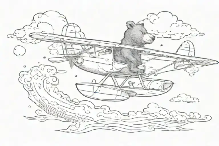 A Bear In A Water Airplane Flying And Pull A Cloud Surfer