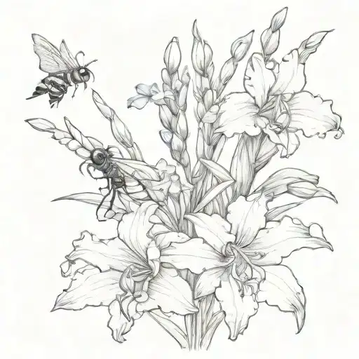 Gladiolus And Forget Me Not Flower With Bee