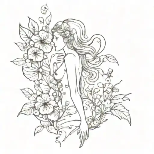 Woman Body With Flowers Mushrooms Vines And Ladybug