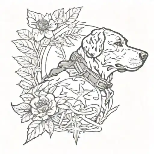 A Black-grey Tattoo Of A Military Medic Emblem With A Dog Silhouette And Nature Elements Intertwined