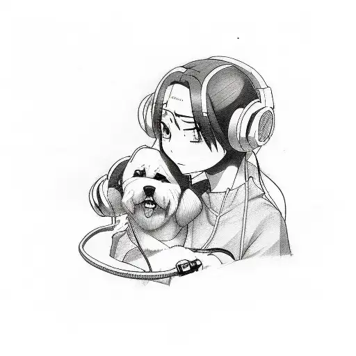 A Sketch Style Tattoo Of An Anime Character Wearing Headphones And Holding A Dog