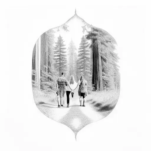 Redwood Forest Path And Couple With A Dog For Sleeve
