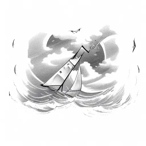 A Sail Boat In A Storm With A Lighthouse In The Background