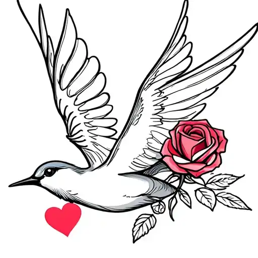 Flying Swallow With Heart For Eye And Rose In Beak Cute