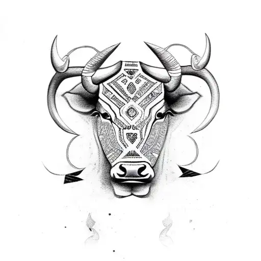 A Bull With Tribal Patterns And Music Symbols Carved Into Its Horns