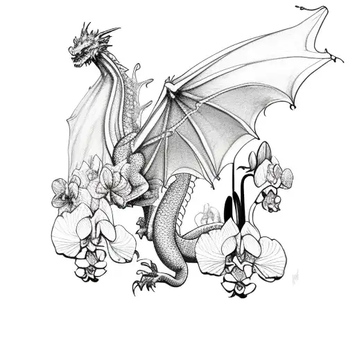 Dragon With Orchids Flowers