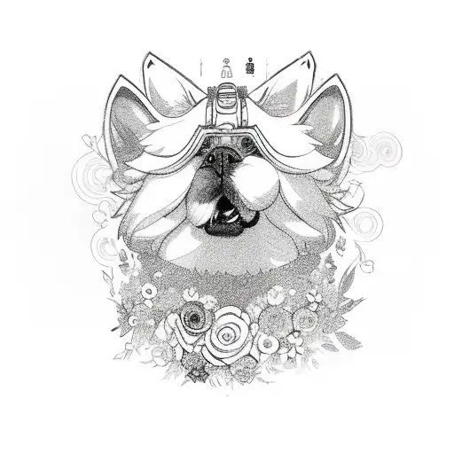 An Elegant Design Showcasing A Stylized Anime Dog Surrounded By A Halo Of Vibrant Flowers