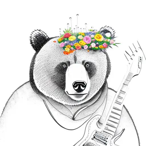 A Bear Playing An Electric Guitar Surrounded By Flowers And Mountains