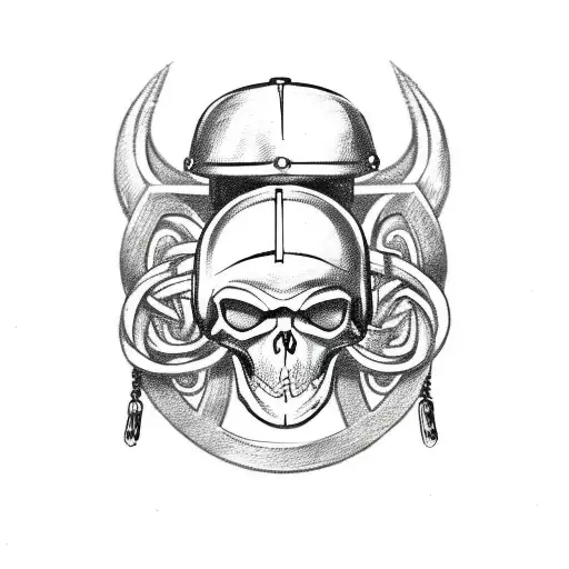 A Skull With A Military Helmet And Dog Tags Intertwined With Viking Knotwork