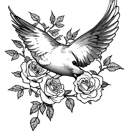 Swallow Bird Flying With Rose Vine