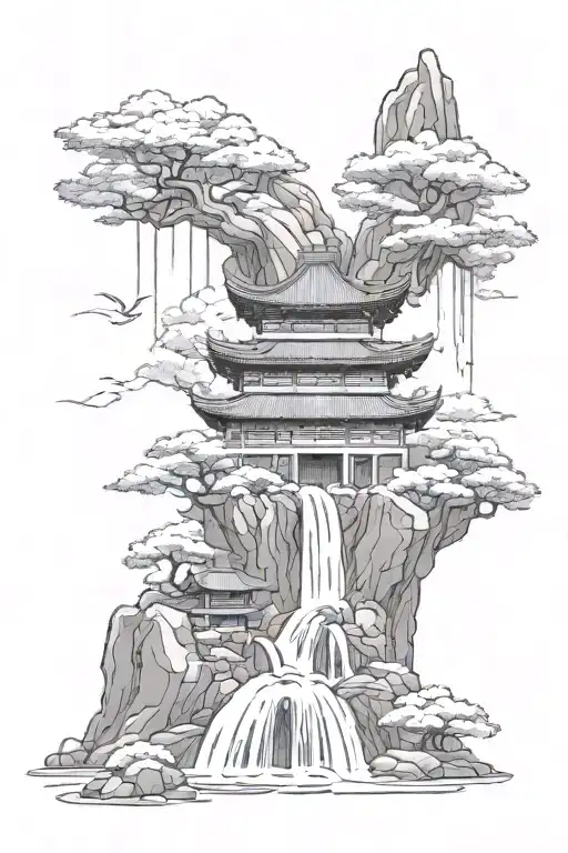 Japanese Temple Waterfall Flowing