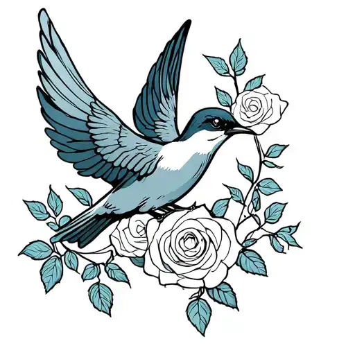 Swallow Bird Flying With Rose Vine