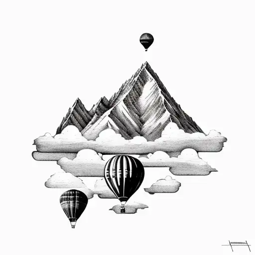 A Realistic Depiction Of A Mountain Range With A Hot Air Balloon Floating Above