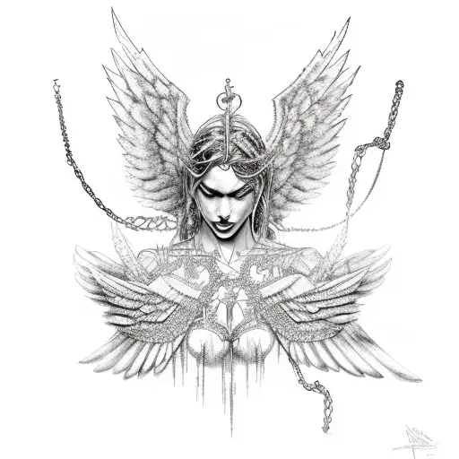 A Dark Angel With Wings Made Of Chains And Spikes