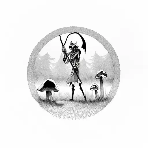Traditional Grim Reaper With Scythe Walking Through Field Of Mushrooms