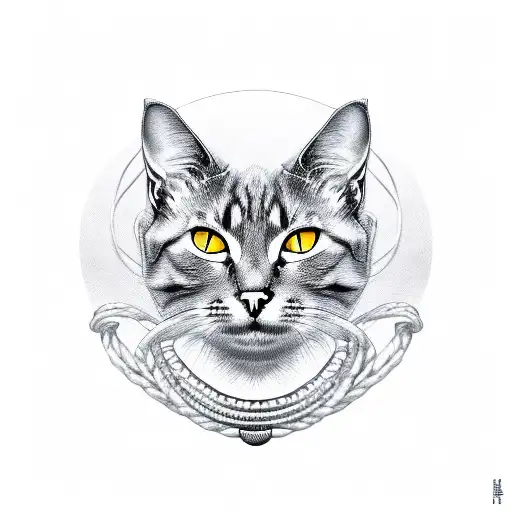 A Black-grey Sketch Of A Cat With Anatomical Elements Intertwined With Egyptian Symbols