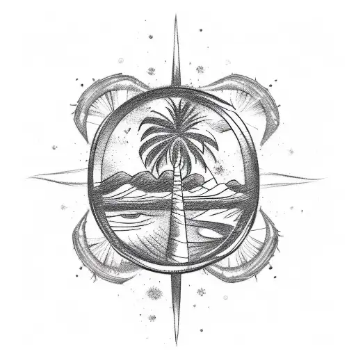 A Sketch Style Tattoo Of A Palm Tree On A Sandy Beach With A Hidden Compass Design