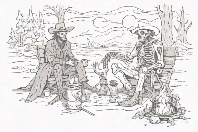 Skeleton Cowboy Sitting By Campfire