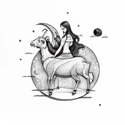 Beautiful Lady Laying On A Goat And The Goat And The Lady Are Both Loonking Up At The Moon