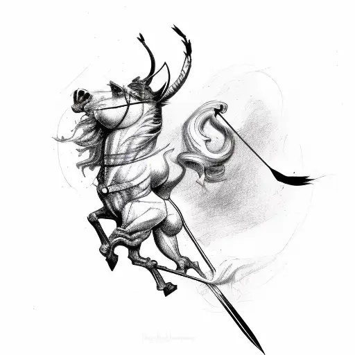Hybrid Horse Man Creature Shooting A Bow And Arrow Aiming High At A Small Gemstone