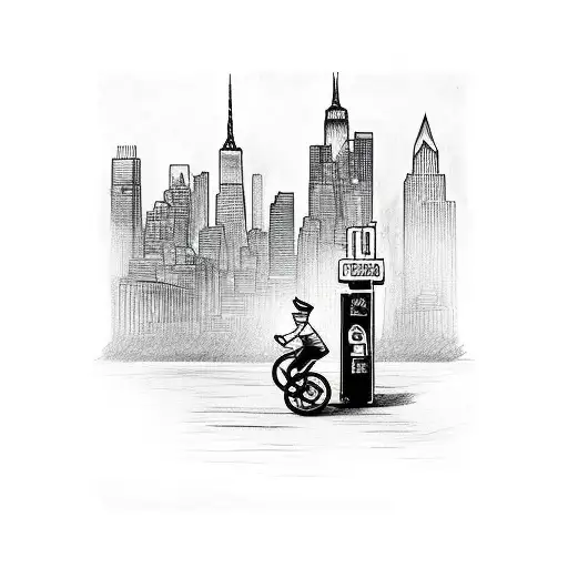 New York City Paperboy Riding Past Street Sign With The Skyline In The Background