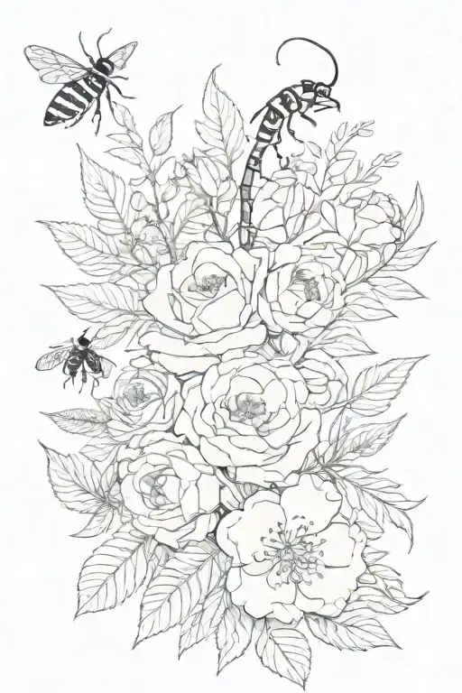 Snake Fern Leaves Flowers Roses Peonies Bees Snakes Spider Web