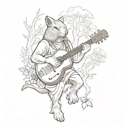 A Sketch Style Tattoo Of A Mandolin Being Strummed By A Mystical Creature In A Forest Setting