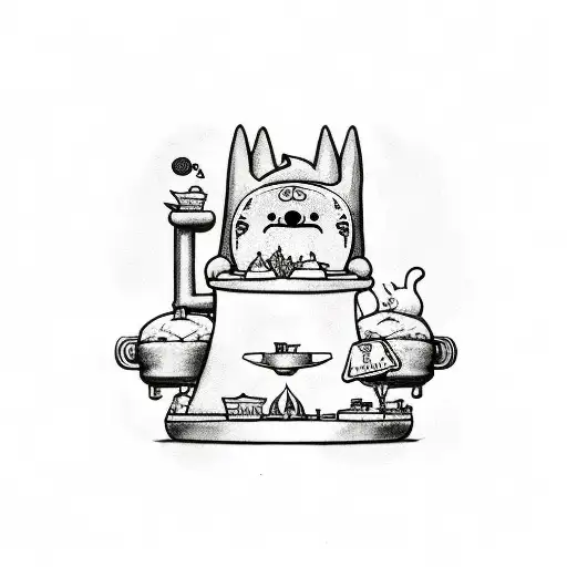 Adventure Time Themed Tattoo Featuring A Whimsical Bakery Scene With A Cat As The Main Character