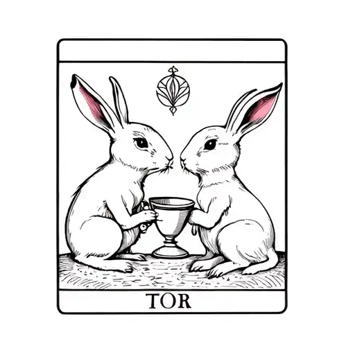 Tarot Card Two Of Cups Represented With Two Rabbits Looking At Each Other And Holding A Cup Each