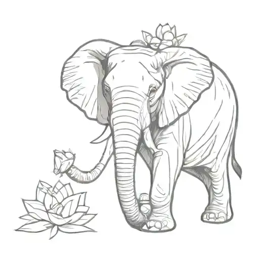 A Minimalist Sketch Of An Elephant With A Lotus Flower On Its Trunk