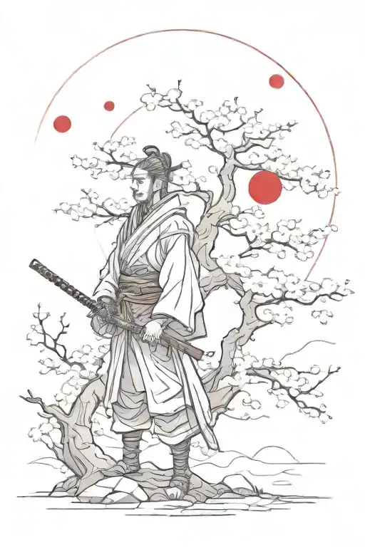 Lonely Ronin Samurai Next To Cherry Blossom Tree With Red Moon Behind Him