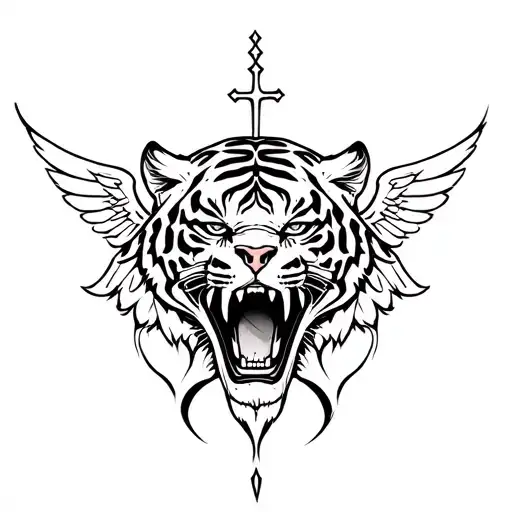Tiger Head With Skull In Mouth With Cross And Wings