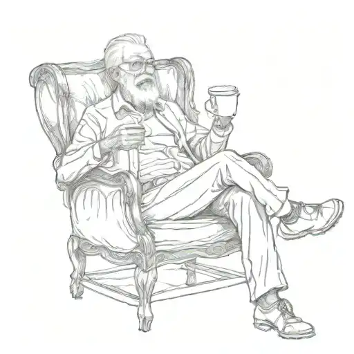 Old Man Sitting In A Chair Spitting Out A Cup Of Coffee With Legs Open