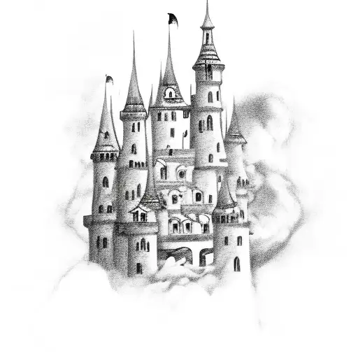 A Dark And Mysterious Sketch Of A Castle Surrounded By Swirling Clouds And Bats