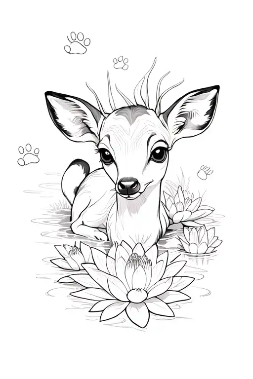 Fawn Laying Down With Paw Prints And Water Lily Flowers