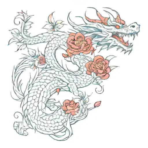 Full Length Dragon With Red Flowers