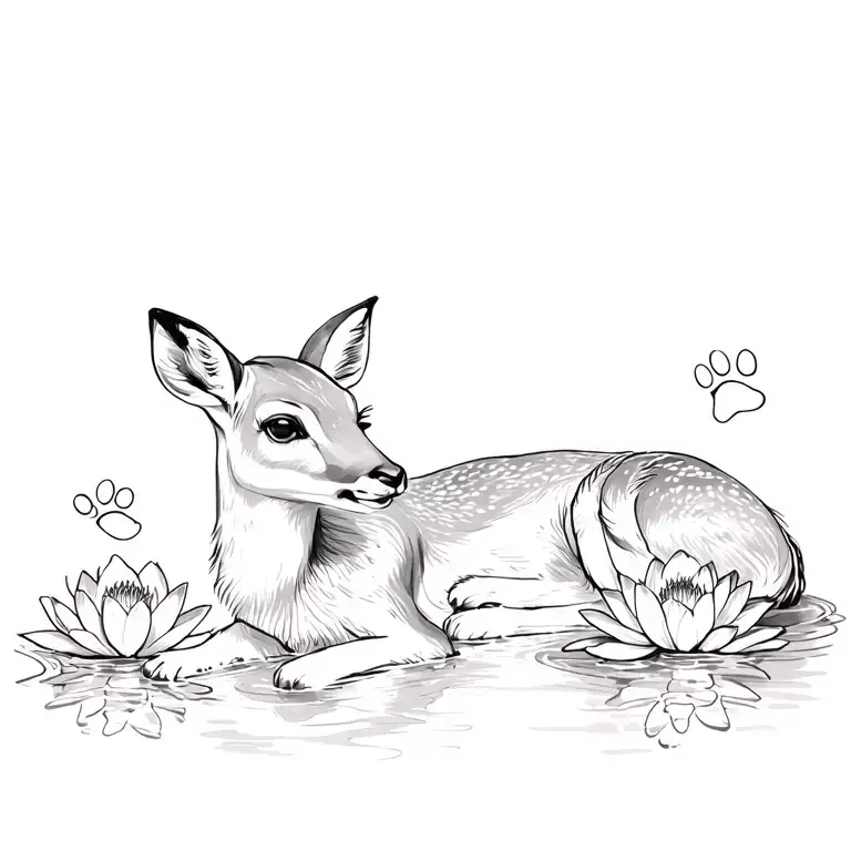 Fawn Laying Down With Paw Prints And Water Lily Flowers