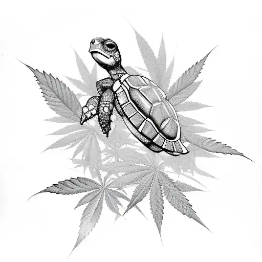 Baby Turtle Surrounded By Marijuana Leaves