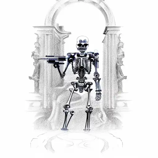 Skeletal Cyborg With Futuristic Gun Walking Through The Trevi Fountain As The Sun Rises Behind It