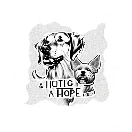 A Tattoo Design Of A Dog And A Son Silhouette With A Banner Saying 'Hope' In A Stylized Font
