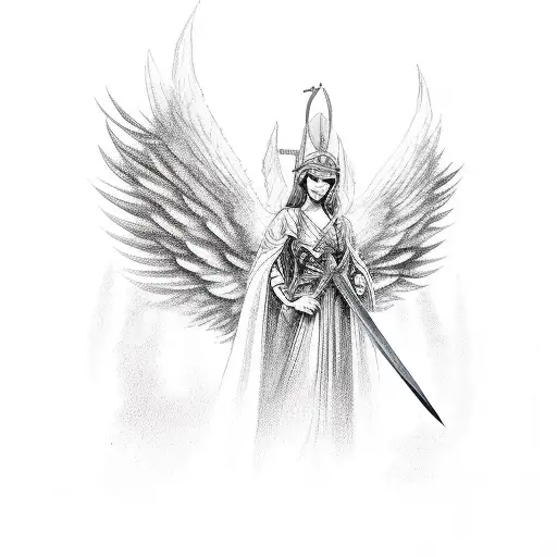 Angel With Sword And Wings Spreaded