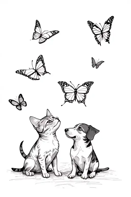 Small Cat And Wiener Dog Looking Up At Butterflies Flying